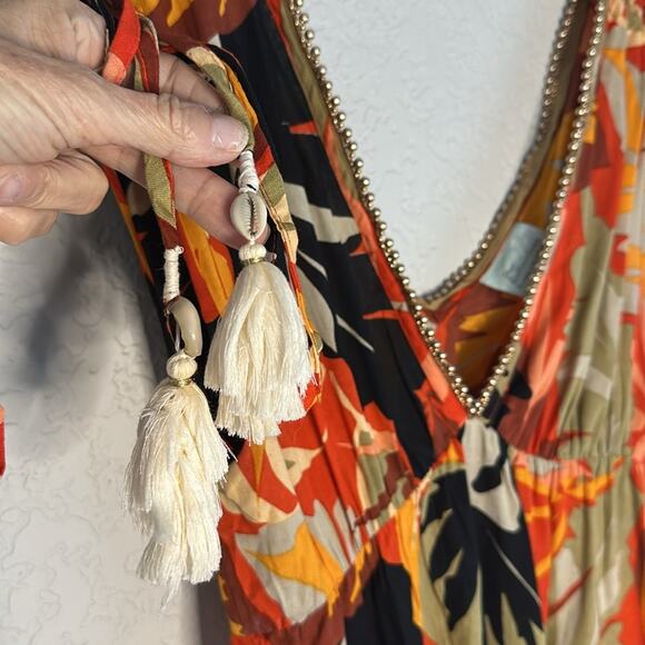 True Destinations Resort Mini Dress Vacation Hawaiian Empire Gold Studs Tropical - Picture 2 of 8